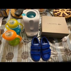 Lacoste baby boy shoes, bottle warmer, sippy cups